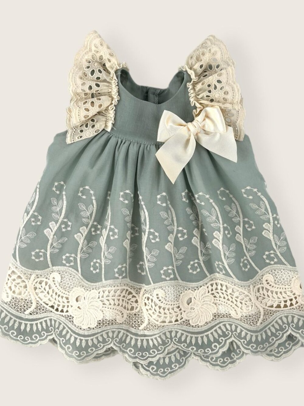 Green Embroidered Gauze Dress With Lace, Sizes 6M to 6Y